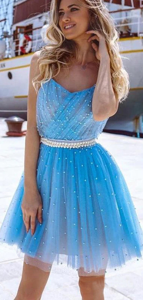 Blue A-line Spaghetti Straps Short Prom Homecoming Dresses,CM959