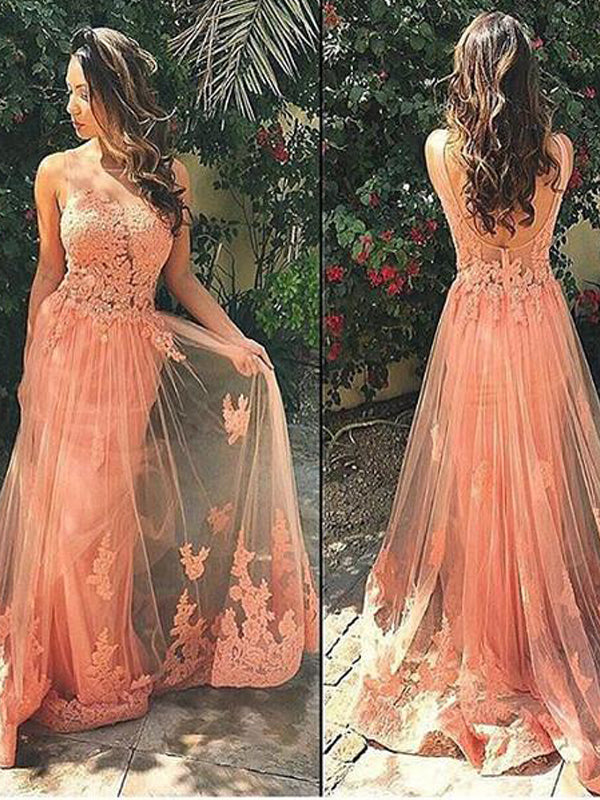 Charming Lace Tulle Peach Unique Pretty Formal Inexpensive Applique Long Prom Dresses, WG254