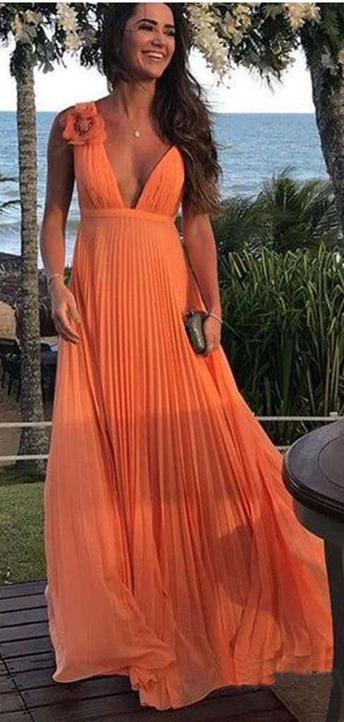 Cute Orange A-line V-neck Maxi Long Party Prom Dresses, Evening Dress,13222