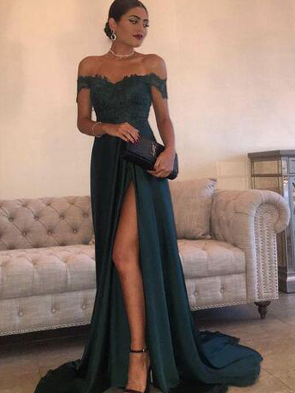 Dark Green Off Shoulder Sexy Side Slit Fashion Long Evening Prom Dresses, Popular Cheap Long Party Prom Dresses, 17305