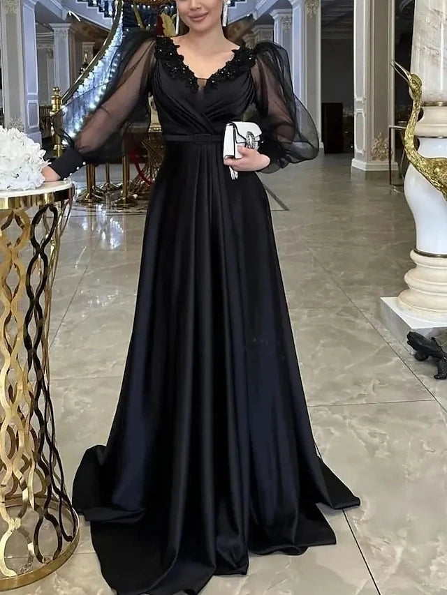 Elegant Black A-line Long Sleeves V-neck Maxi Long Party Prom Dresses, Evening Dress,13204