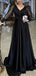 Elegant Black A-line Long Sleeves V-neck Maxi Long Party Prom Dresses, Evening Dress,13204