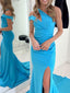 Elegant Blue Mermaid One Shoulder Side Slit Maxi Long Party Prom Dresses, Evening Dress,13173