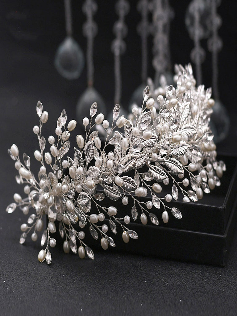 Elegant Handmade Wide Brimmed Rhinestone Pearl Leaf Headwear Accessories for Women, HP322