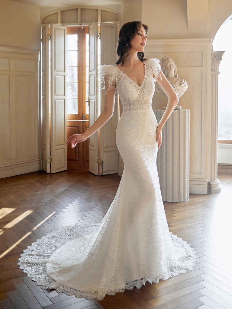 Gorgeous Mermaid Off White V-neck Maxi Long Handmade Lace Wedding Dresses,WD806