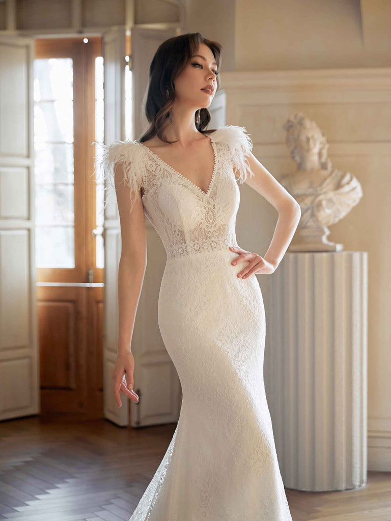 Gorgeous Mermaid Off White V-neck Maxi Long Handmade Lace Wedding Dresses,WD806