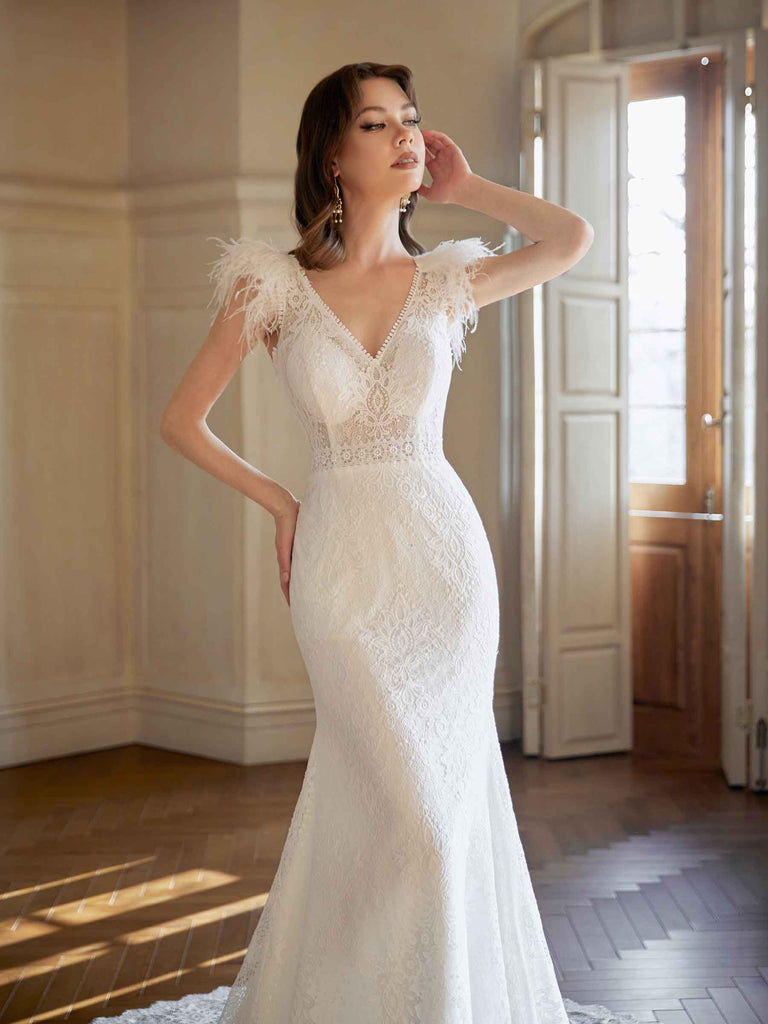 Gorgeous Mermaid Off White V-neck Maxi Long Handmade Lace Wedding Dresses,WD806