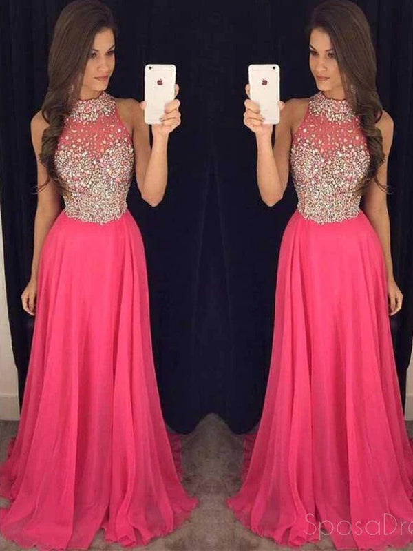 Hot Pink Halter Evening Prom Dresses, 2017 Long Beaded Prom Dress, Custom Long Prom Dress, Cheap Party Prom Dress, Formal Prom Dress, 17037