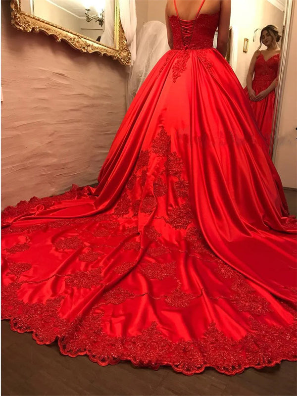 Luxurious Spaghetti Straps Bright Red A-line Long Evening Prom Dresses, 17614