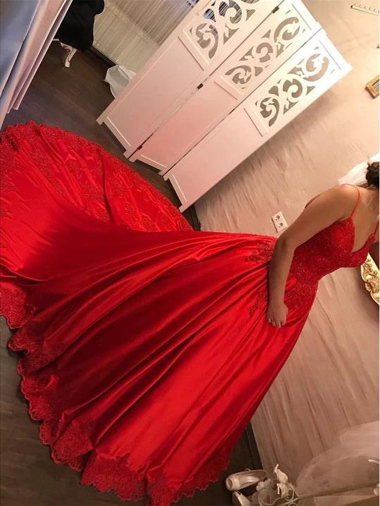 Luxurious Spaghetti Straps Bright Red A-line Long Evening Prom Dresses, 17614