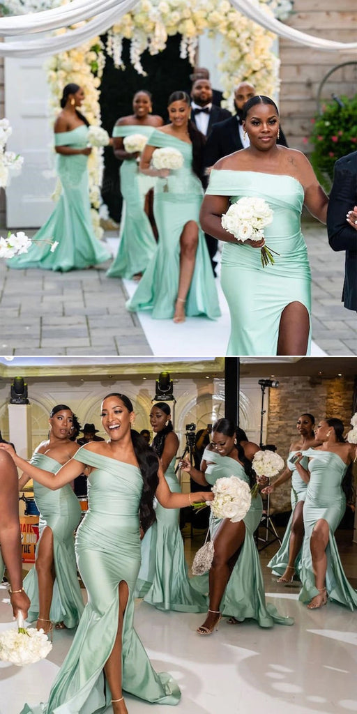 Mint Green Mermaid One Shoulder Side Slit Maxi Long Bridesmaid Dresses,WG1507