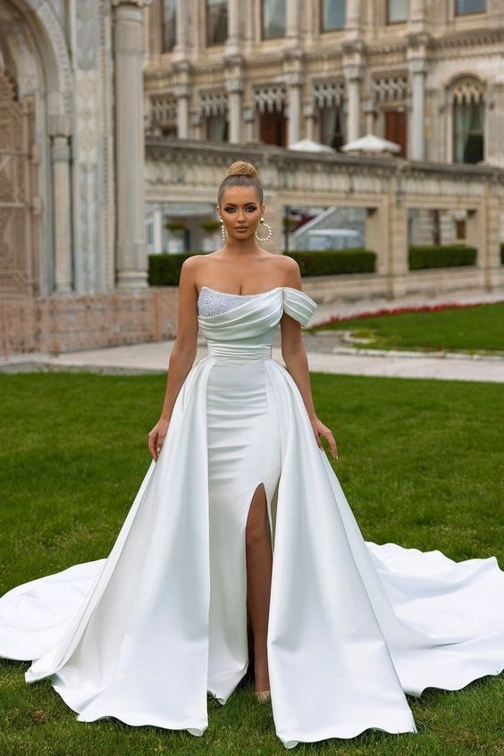 Off White Mermaid One Shoulder Side Slit Maxi Long Party Prom Dresses,13097