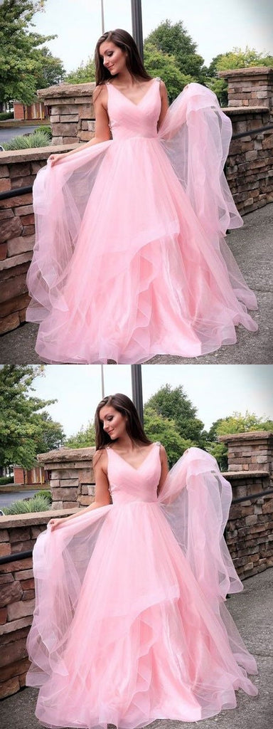 Popular Pink A-line V-neck Maxi Long Party Prom Dresses, Evening Dress,13239