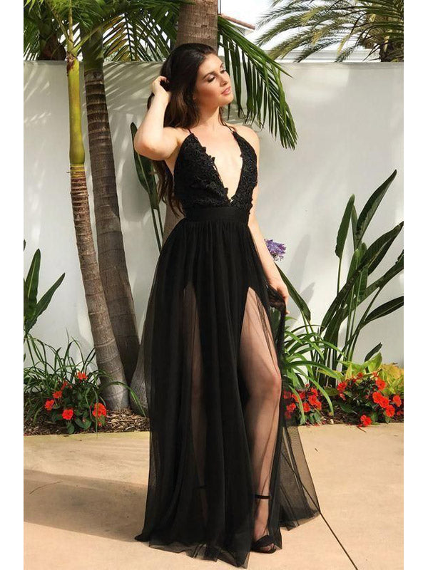 Sexy A-line Black Side Slit V-neck Maxi Long Party Prom Dresses, Evening Dress,13121