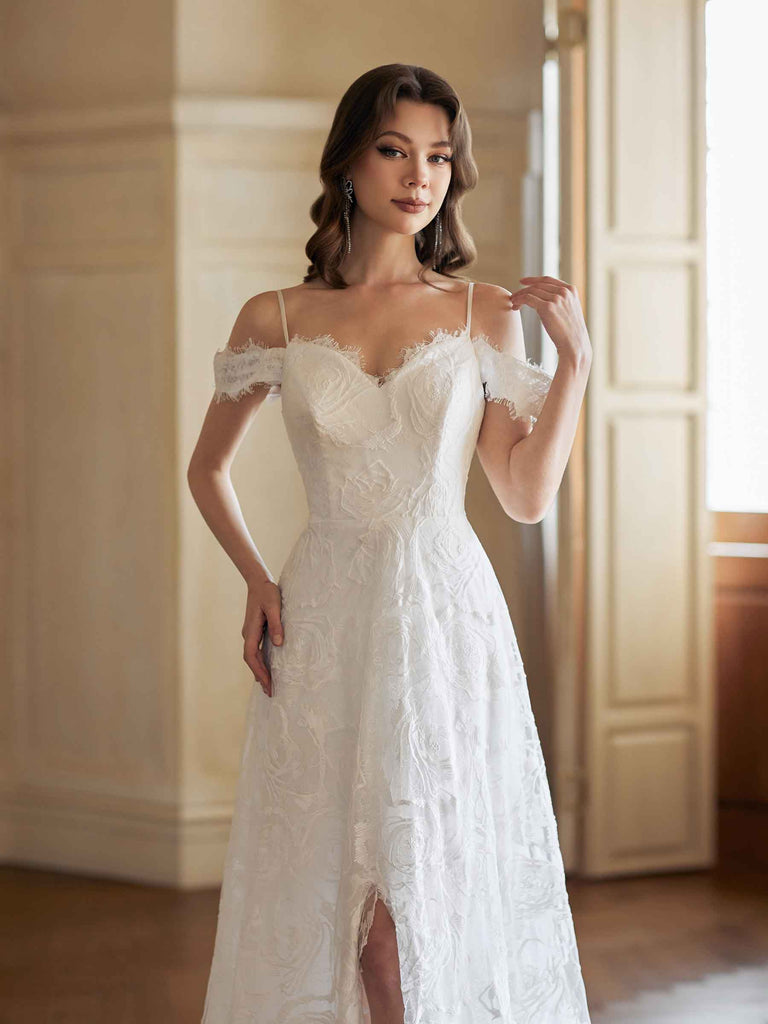 Sexy A-line Cold Shoulder Side Slit Handmade Lace Wedding Dresses,WD795