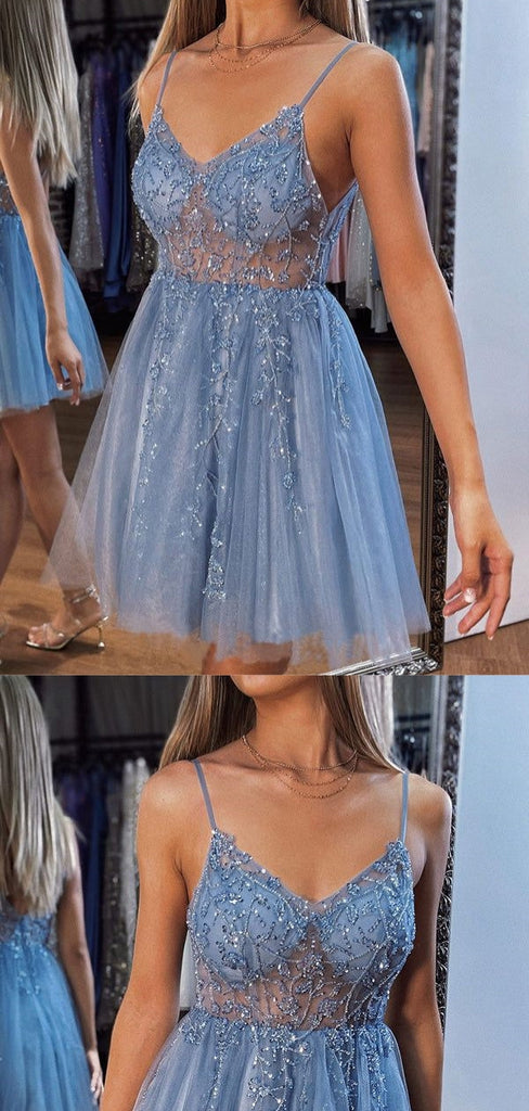 Sexy Blue A-line Spaghetti Straps Short Prom Homecoming Dresses,CM970