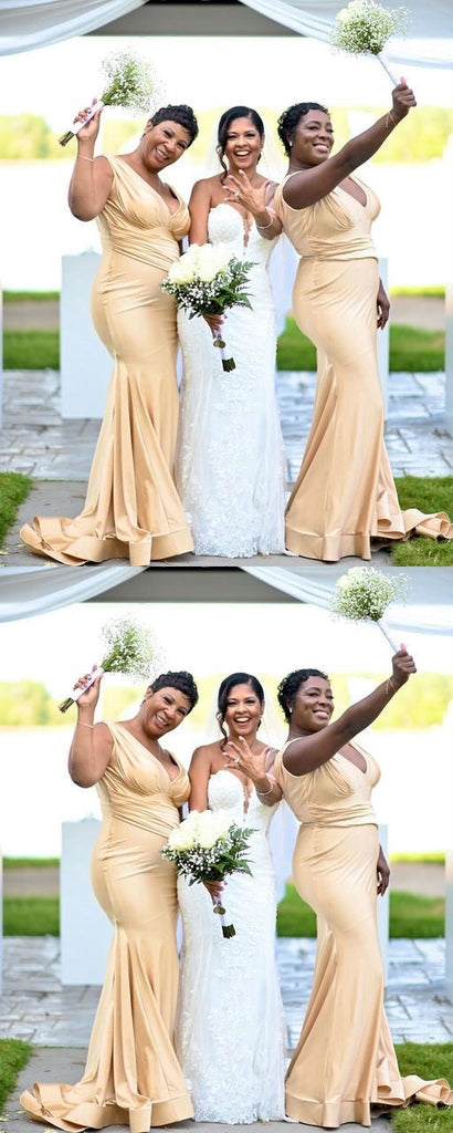 Sexy Champagne Mermaid V-neck Maxi Long Bridesmaid Dresses For Wedding,WG1560