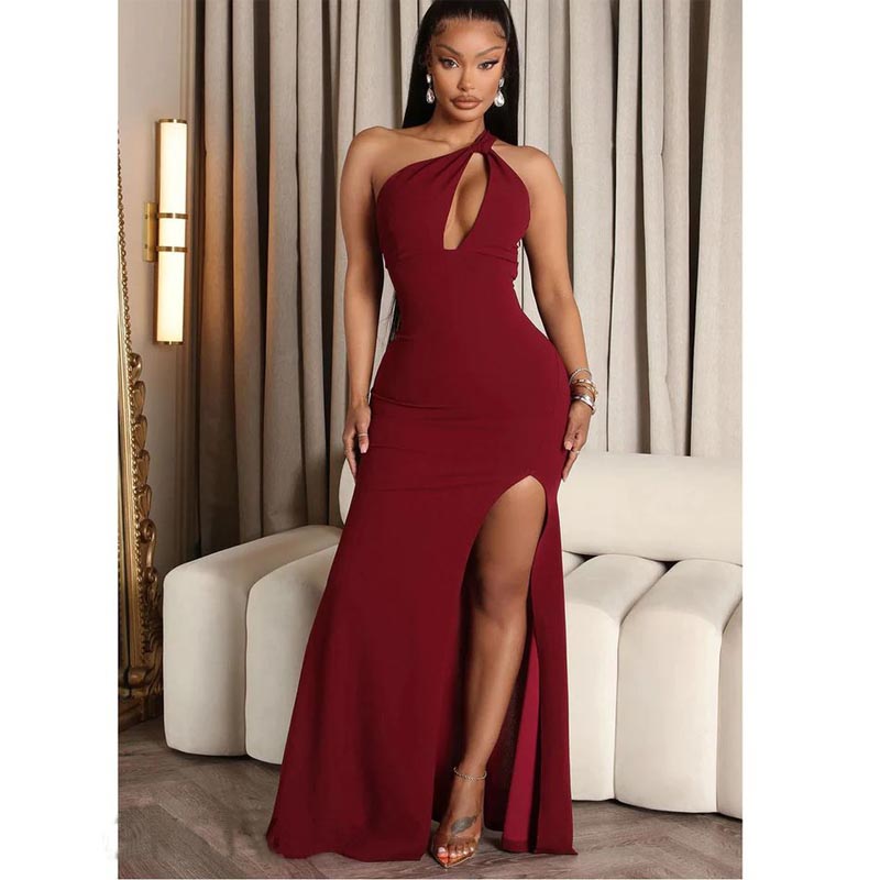 Sexy Dark Red Mermaid One Shoulder Side Slit Maxi Long Bridesmaid Dresses Online,WG1503