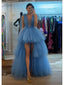 Sexy Dusty Blue V-neck High Low Strapless Long Party Prom Dresses,13106