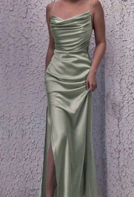 Sexy Green Sheath Spaghetti Straps Side Slit Party Prom Dresses, Evening Dress,13219