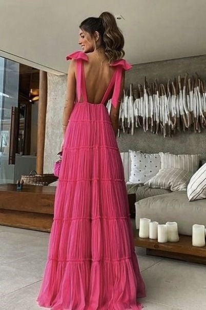 Sexy Hot Pink A-line V-neck Maxi Long Party Prom Dresses, Evening Dress,13207