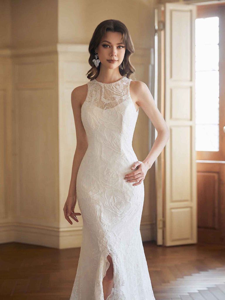 Sexy Mermaid Open Back Jewel Side Slit Handmade Lace Wedding Dresses,WD798