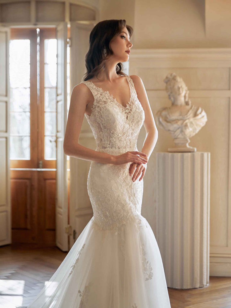 Sexy Mermaid V-neck Maxi Long Handmade Lace Wedding Dresses,WD803