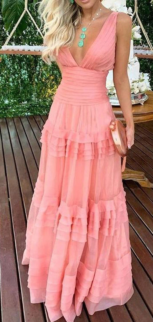 Sexy Pink A-line V-neck Long Party Prom Dresses Online,Evening Dress,13111