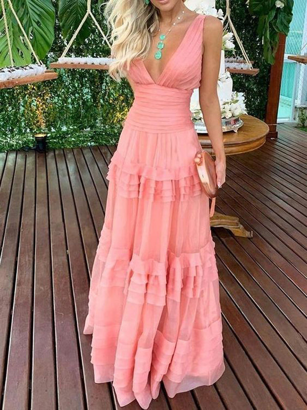Sexy Pink A-line V-neck Long Party Prom Dresses Online,Evening Dress,13111