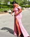 Sexy Pink Mermaid Off Shoulder Side Slit Maxi Long Wedding Guest Bridesmaid Dresses,WG1526