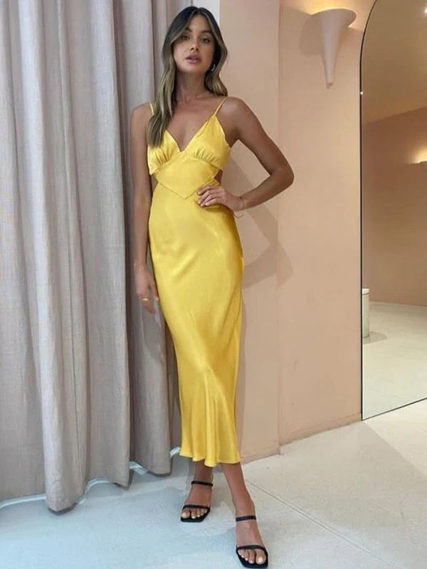 Sexy Yellow Sheath Spaghetti Straps V-neck Party Prom Dresses, Evening Dress,13209