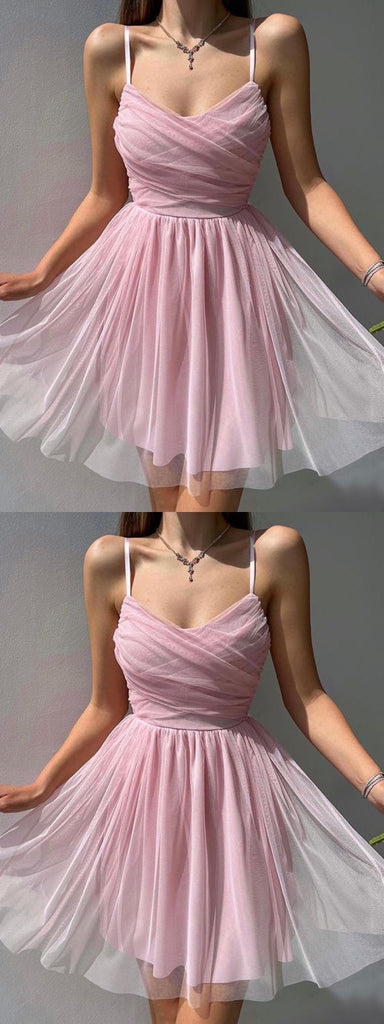 Simple Pink A-line Spaghetti Straps Short Prom Homecoming Dresses,CM963