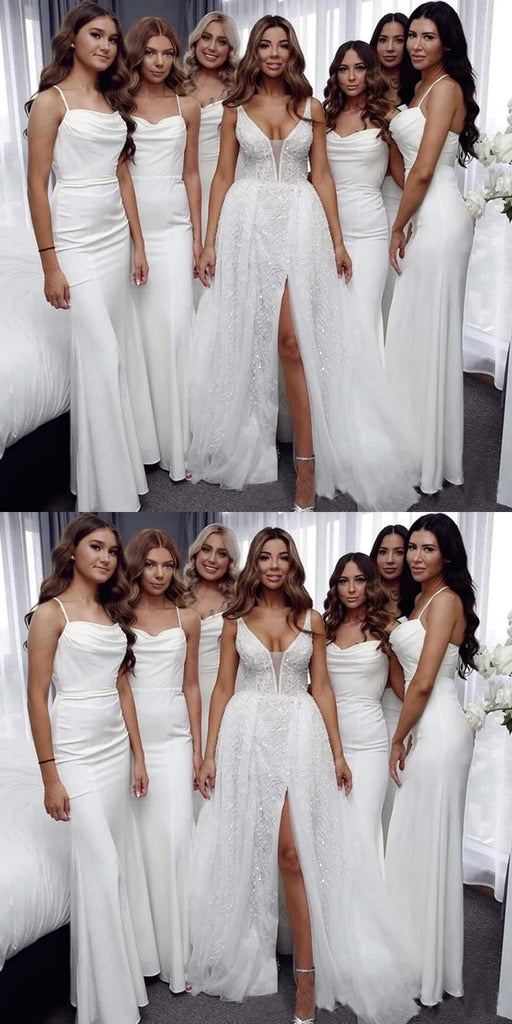 Simple White Mermaid Spaghetti Straps Maxi Long Bridesmaid Dresses,WG1513