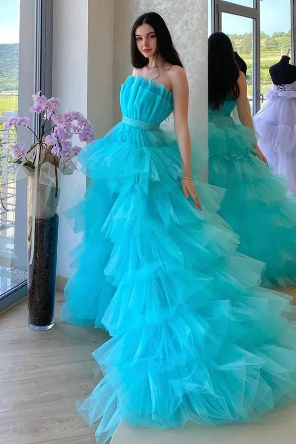 Sky Blue High Low Strapless Long Party Prom Dresses Online,13107