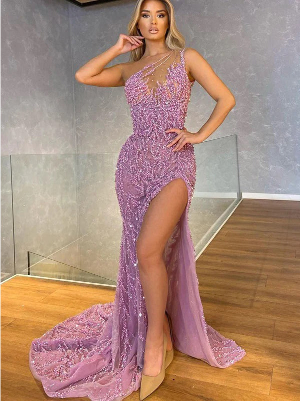 Sparkly Mermaid One Shoulder Side Slit Maxi Long Party Prom Dresses Online,13087