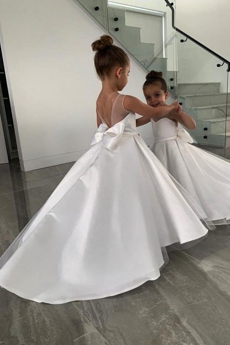 Sweet Satin A-line Top Tulle Long Flower Girl Dresses With Bow, FG002