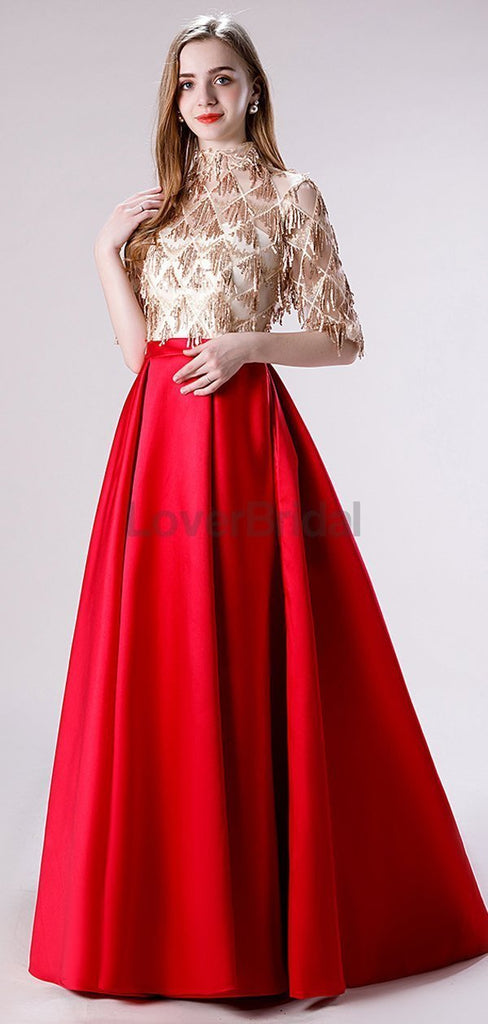 1/2 Long Sleeves High Neck Red Skirt Sequin Top Evening Prom Dresses, Evening Party Prom Dresses, 12116
