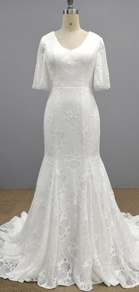 1/2 Long Sleeves Lace Mermaid Wedding Dresses, Cheap Wedding Gown, WD677