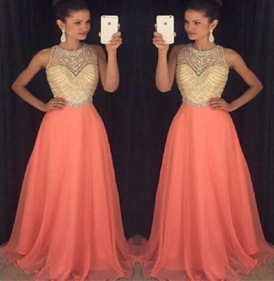 2017 Peach Halter Evening Prom Dresses, Long Beaded Party Prom Dress, Custom Long Prom Dresses, Cheap Formal Prom Dresses, 17068