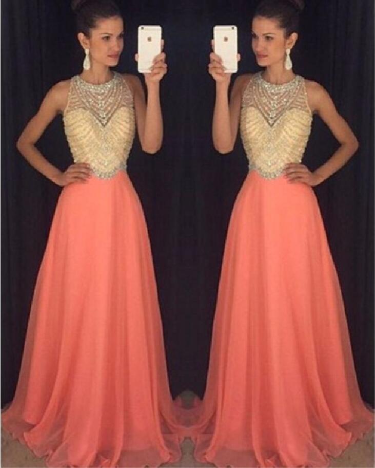 2017 Peach Halter Evening Prom Dresses, Long Beaded Party Prom Dress, Custom Long Prom Dresses, Cheap Formal Prom Dresses, 17068