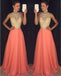 2017 Peach Halter Evening Prom Dresses, Long Beaded Party Prom Dress, Custom Long Prom Dresses, Cheap Formal Prom Dresses, 17068