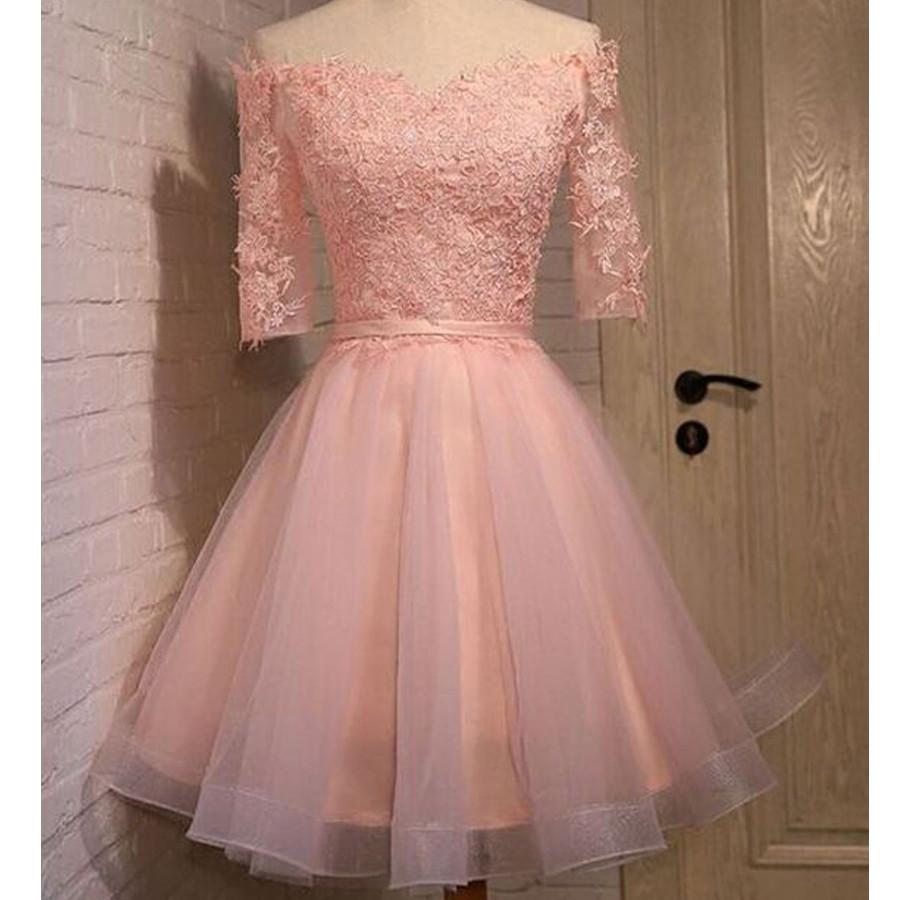 2017 pink lace off shoulder with half sleeve cute freshman graduation homecoming prom dress,BD00125