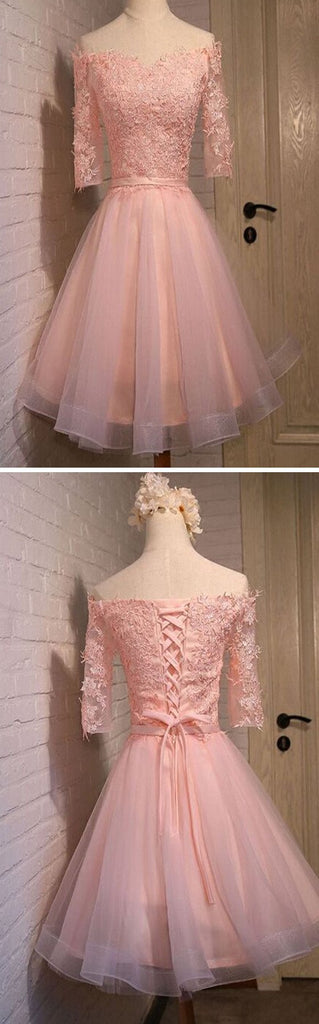 2017 pink lace off shoulder with half sleeve cute freshman graduation homecoming prom dress,BD00125