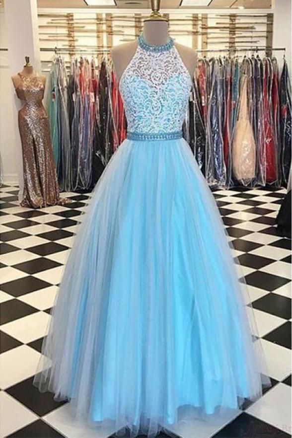 Blue Lace Halter  A-line Long Evening Prom Dresses, 17644