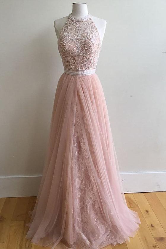 Blush Pink Halter Lace Beaded Long Custom Evening Prom Dresses, 17412