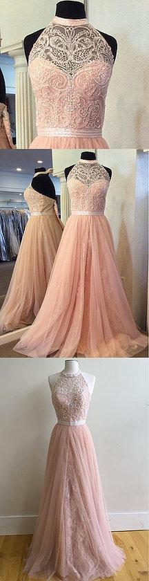 Blush Pink Halter Lace Beaded Long Custom Evening Prom Dresses, 17412