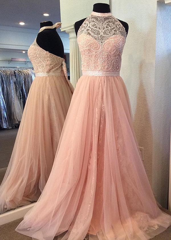 Blush Pink Halter Lace Beaded Long Custom Evening Prom Dresses, 17412