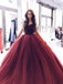 Burgundy Strapless Ball Gown Beaded Long Custom Evening Prom Dresses, 17453