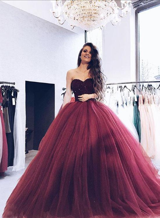 Burgundy Strapless Ball Gown Beaded Long Custom Evening Prom Dresses, 17453