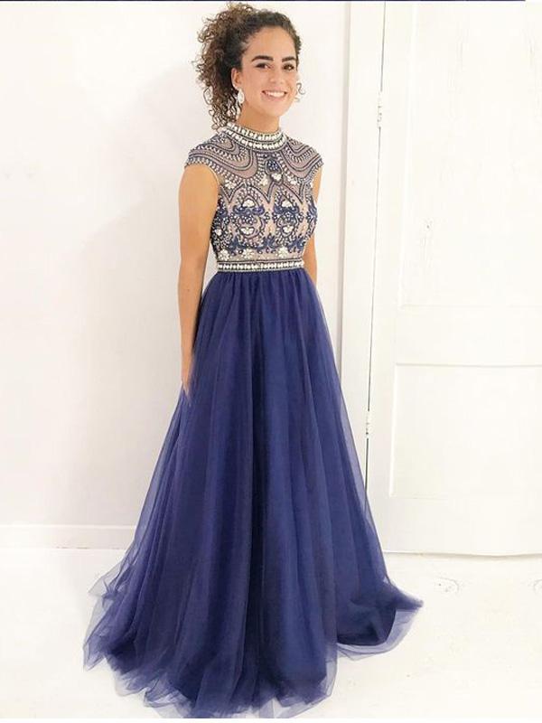 Delicate Beading High Neckline Navy Tulle Long Evening Prom Dresses, 17343